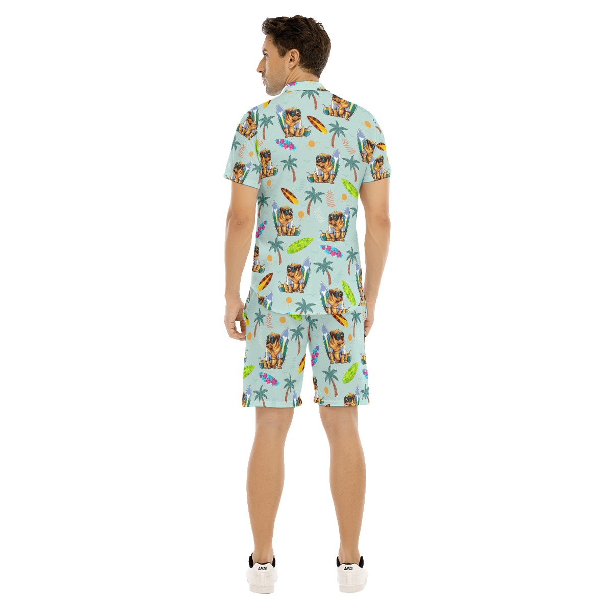 Set Tropical Bulldog Surfing Boards Hawaiian Shirt And Matching Shorts For Men