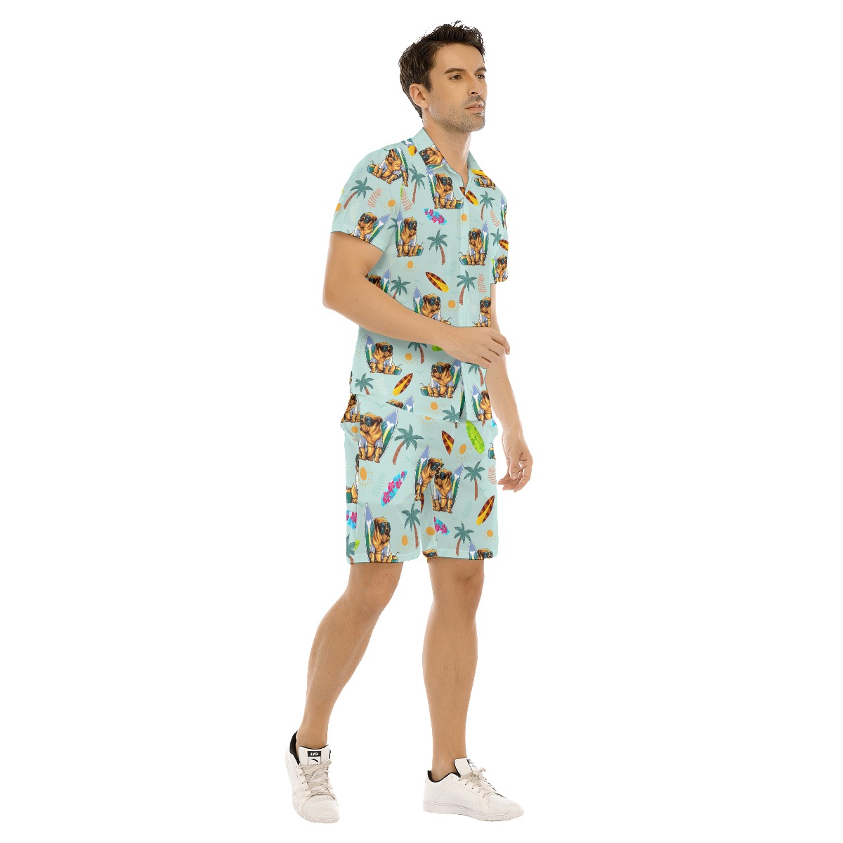 Set Tropical Bulldog Surfing Boards Hawaiian Shirt And Matching Shorts For Men