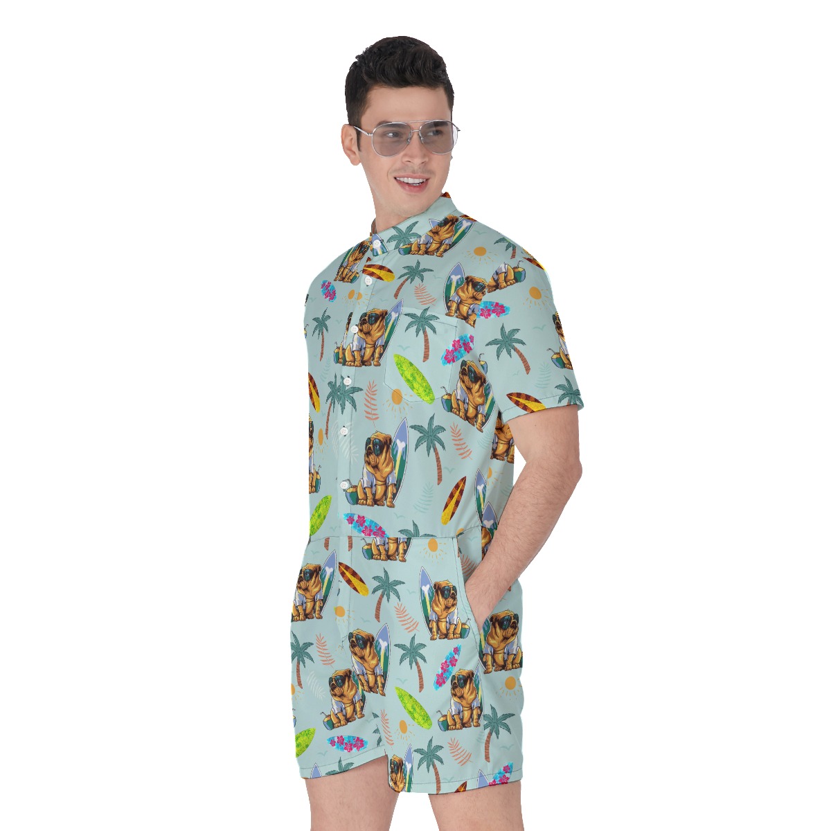 Funny Bulldog Surf And Palm Men's Hawaiian Romper