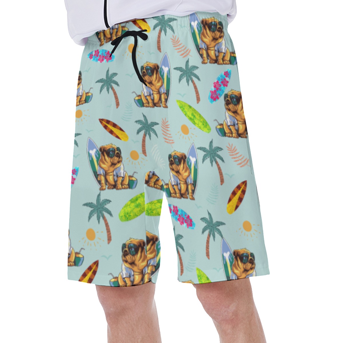 Funny Bulldog Surf And Palm Hawaiian Swim Trunks For Men
