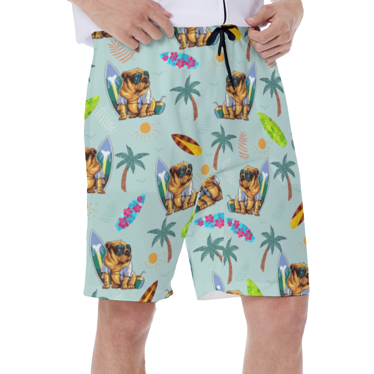 Funny Bulldog Surf And Palm Hawaiian Swim Trunks For Men