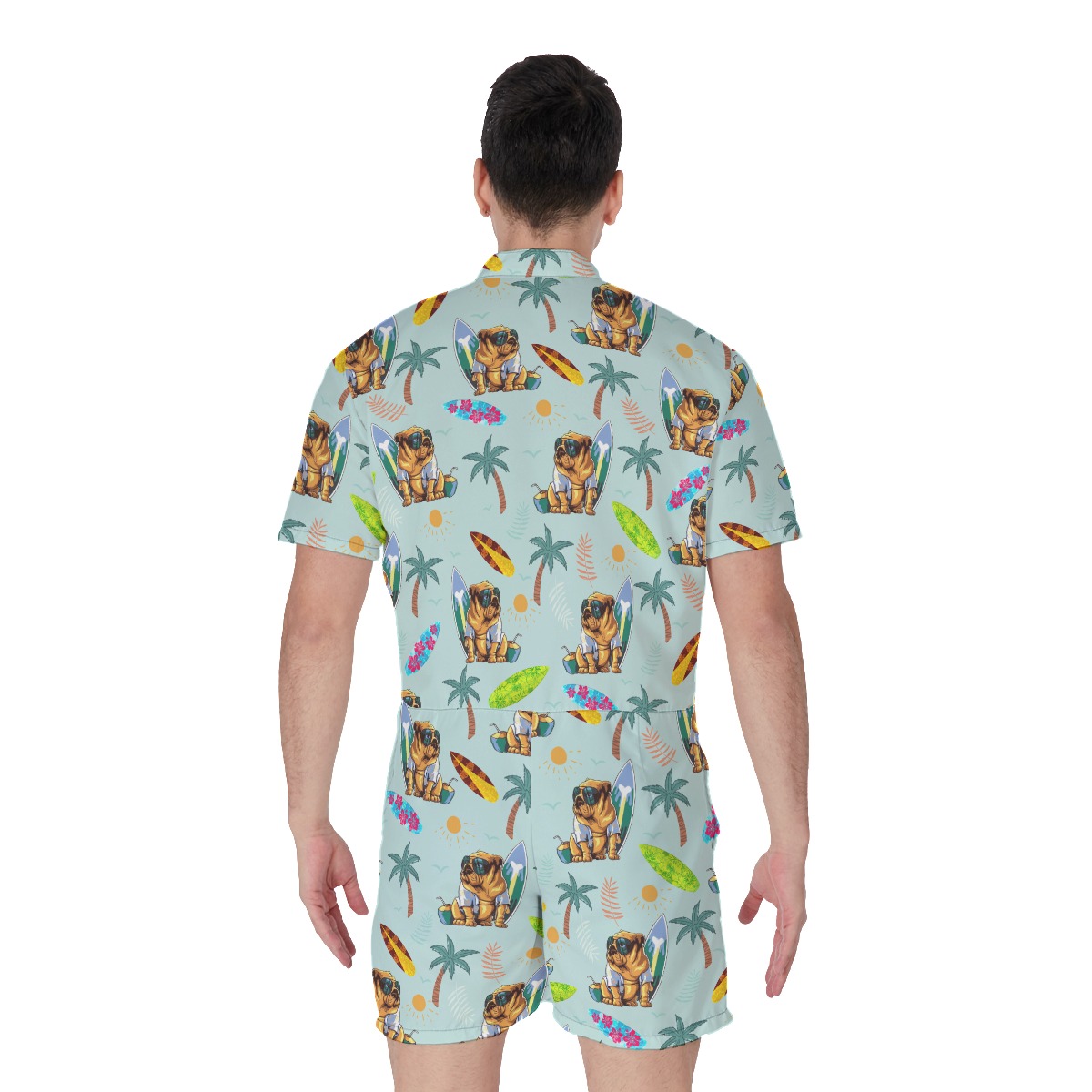 Funny Bulldog Surf And Palm Men's Hawaiian Romper