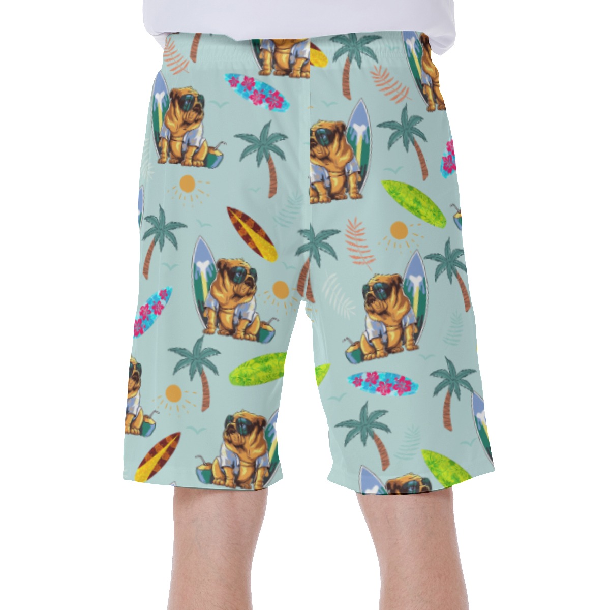 Funny Bulldog Surf And Palm Hawaiian Swim Trunks For Men