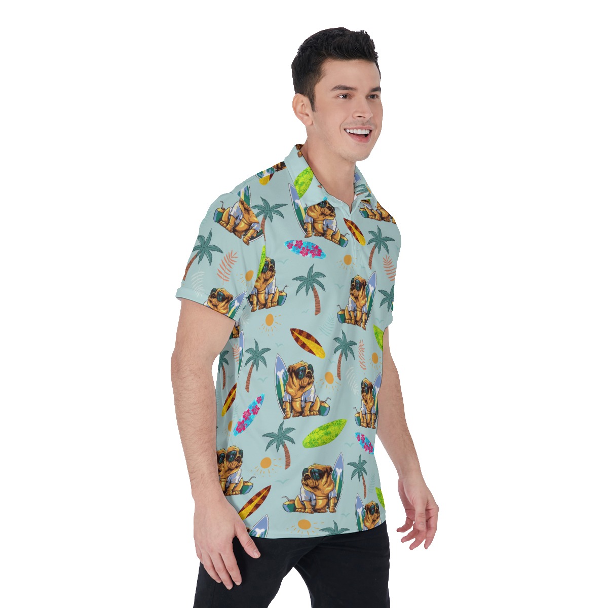 Funny Palm Tree Bulldog Surf Boards Hawaiian Polo Shirt