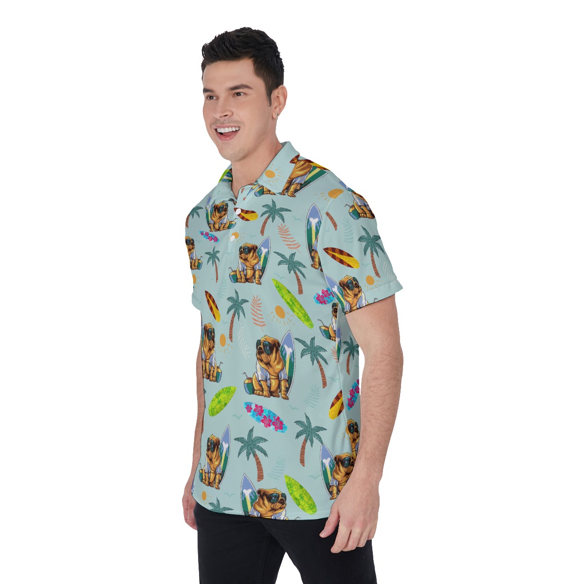 Funny Palm Tree Bulldog Surf Boards Hawaiian Polo Shirt