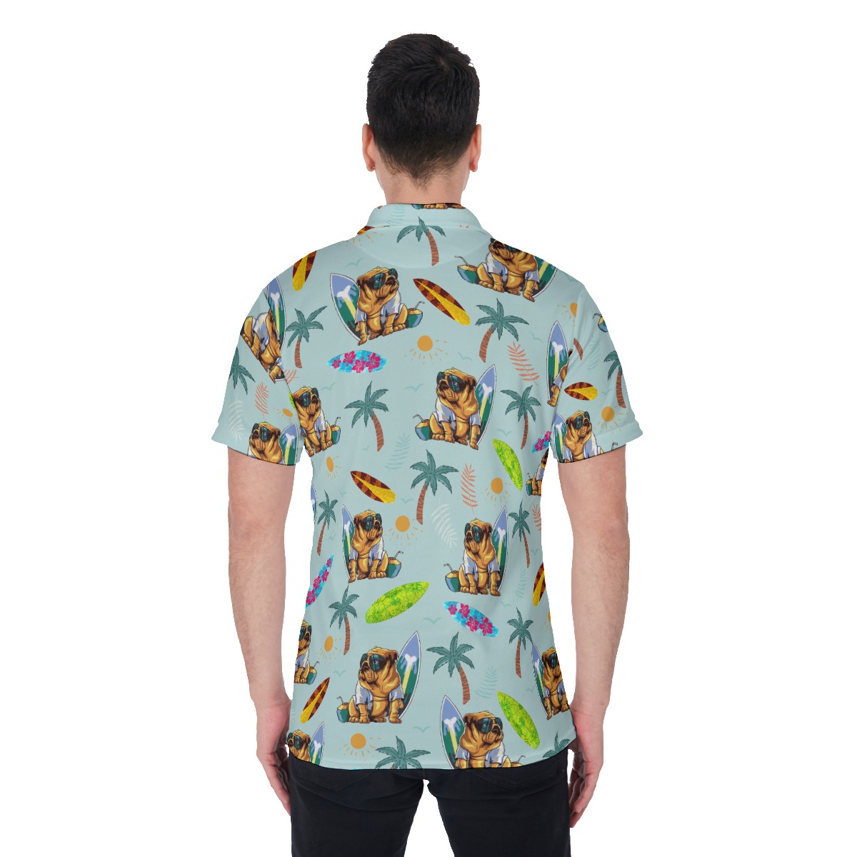 Funny Palm Tree Bulldog Surf Boards Hawaiian Polo Shirt