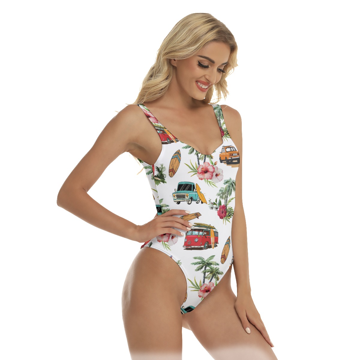 Floral Surfing Boards And Cars Hawaiian Swimsuit For Women