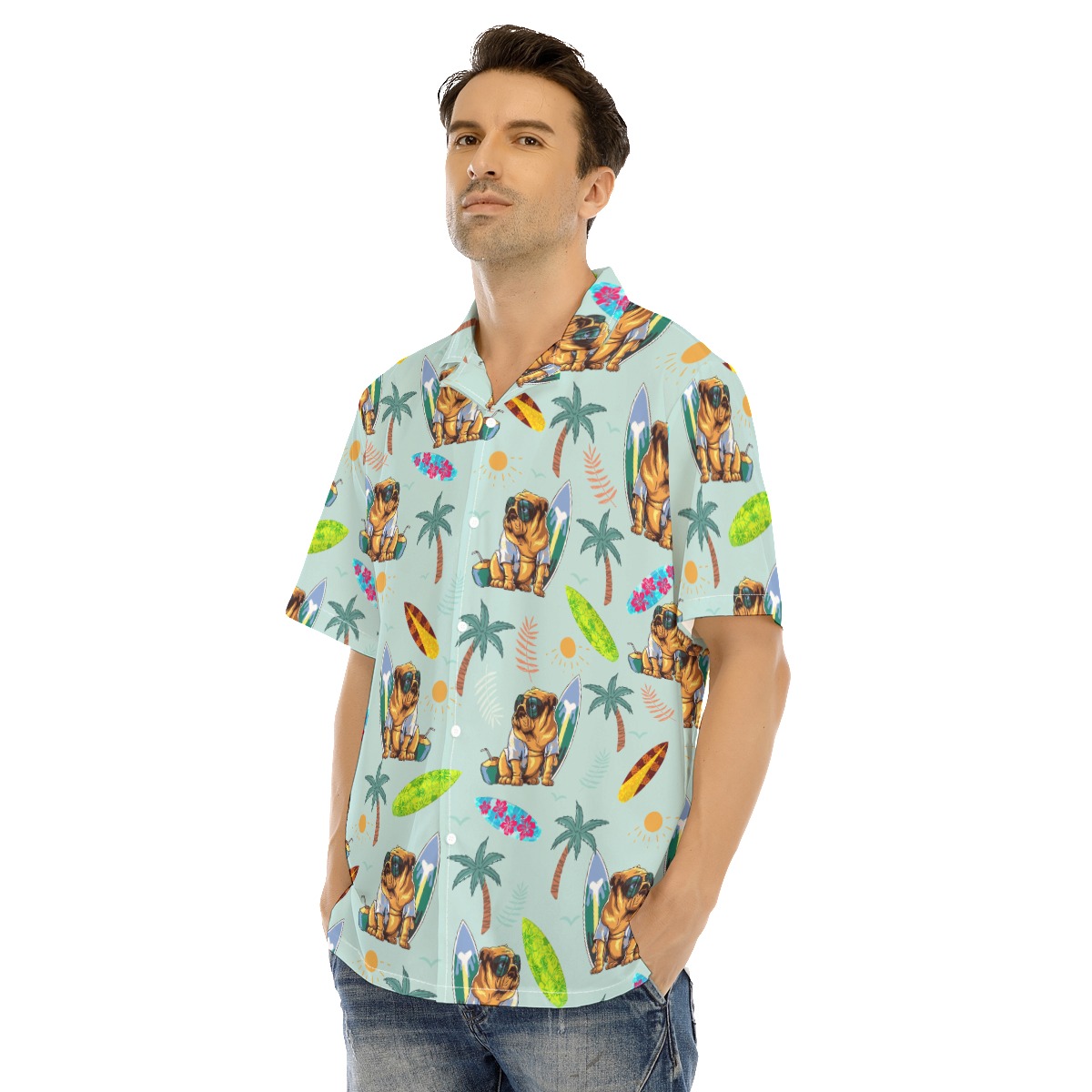 Funny Bulldog Surf And Palm Trees Hawaiian Shirt