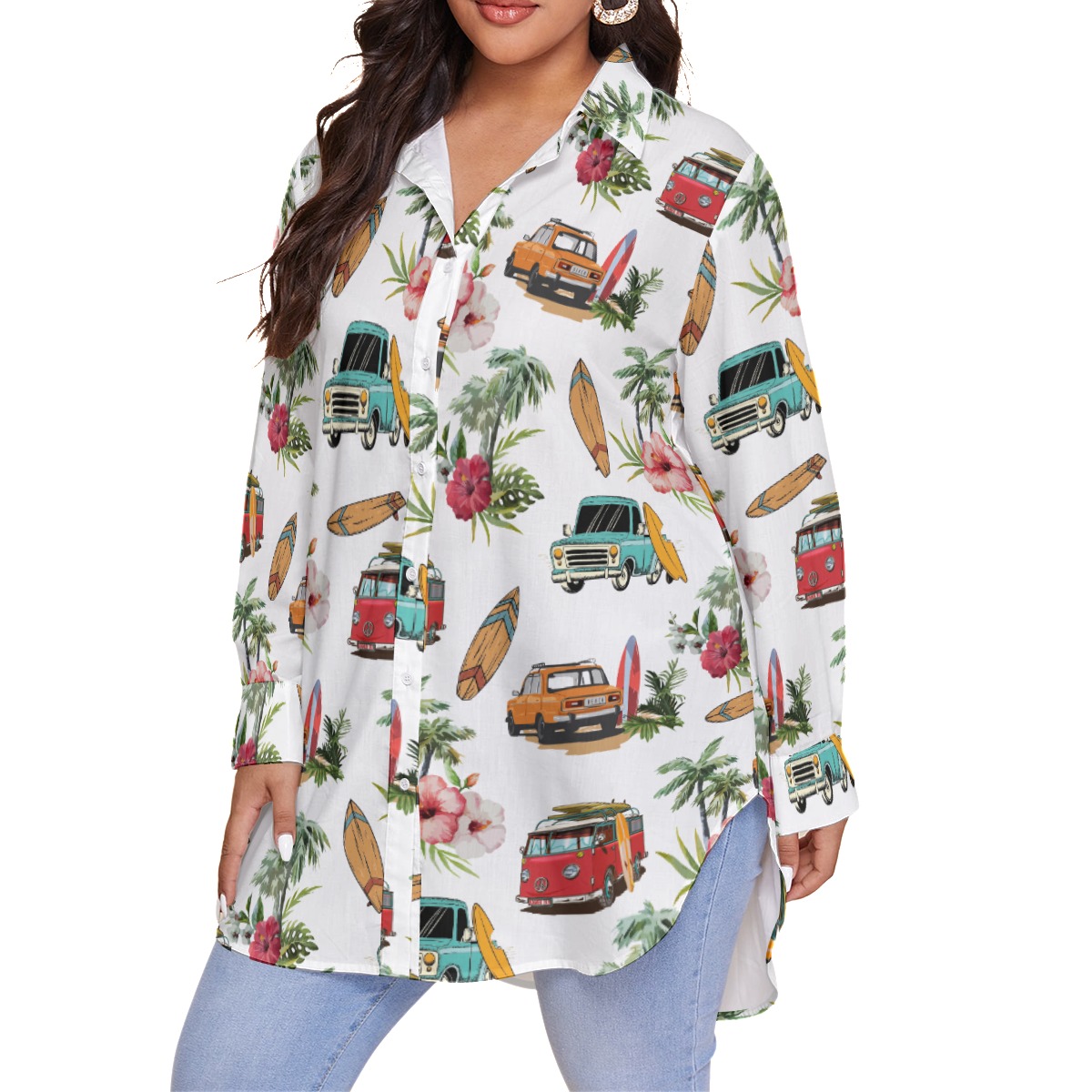 Surfing Boards And Cars Tropical White Hawaiian Plus Size Shirt