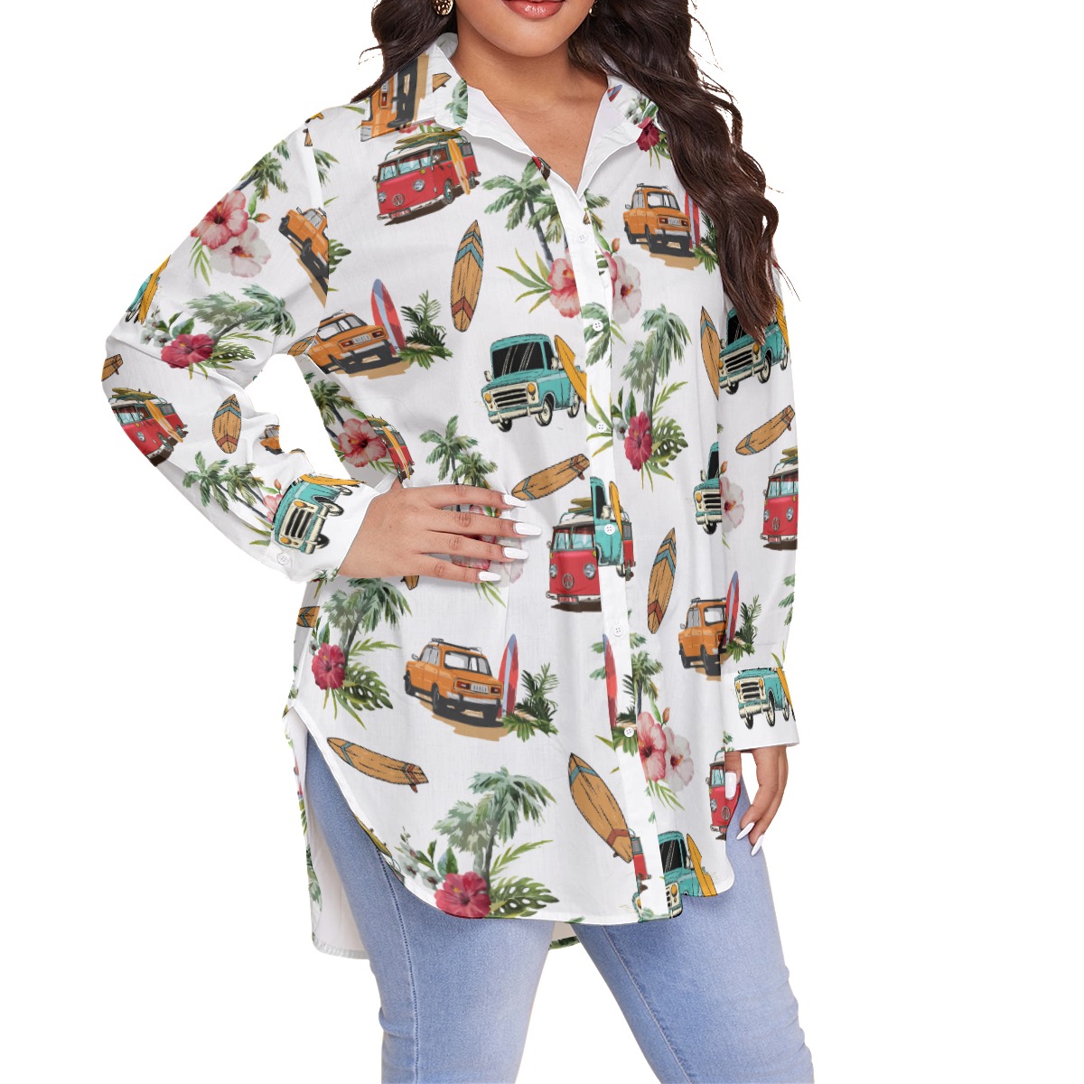 Surfing Boards And Cars Tropical White Hawaiian Plus Size Shirt