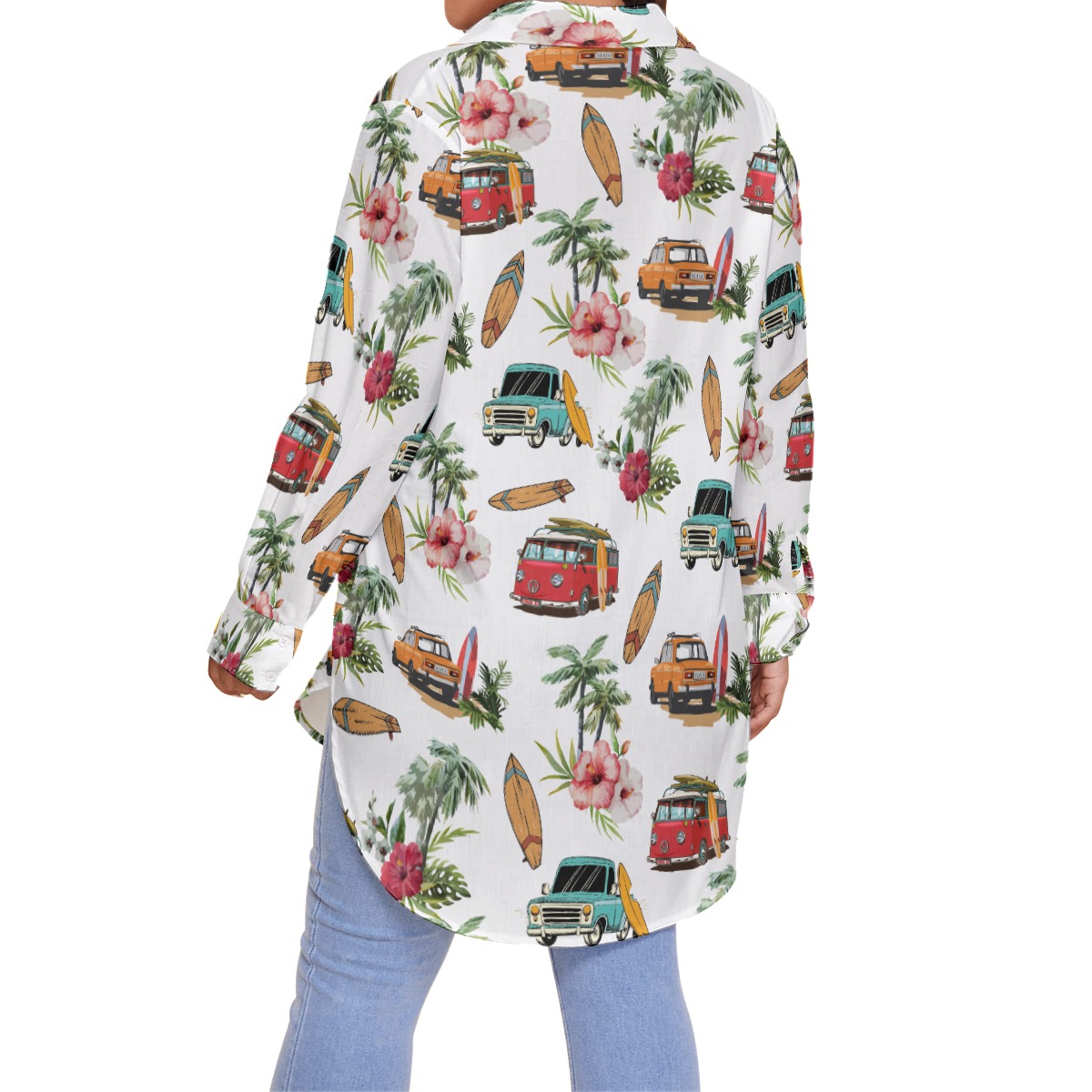 Surfing Boards And Cars Tropical White Hawaiian Plus Size Shirt