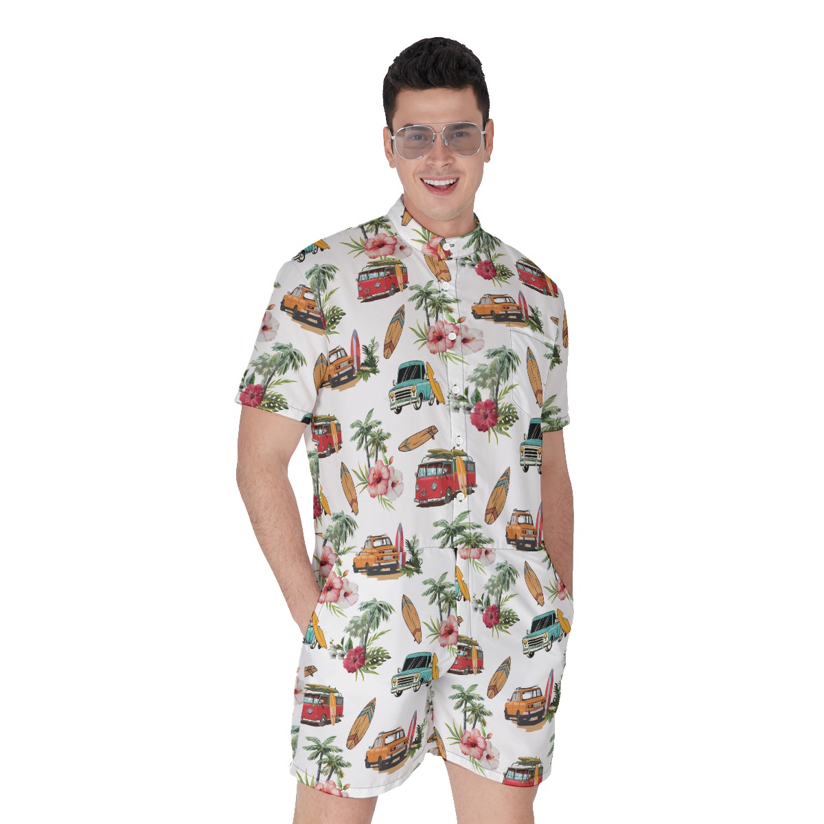 Surfer Car Palm Tree Hibiscus Hawaiian Romper For Men - variant image 1