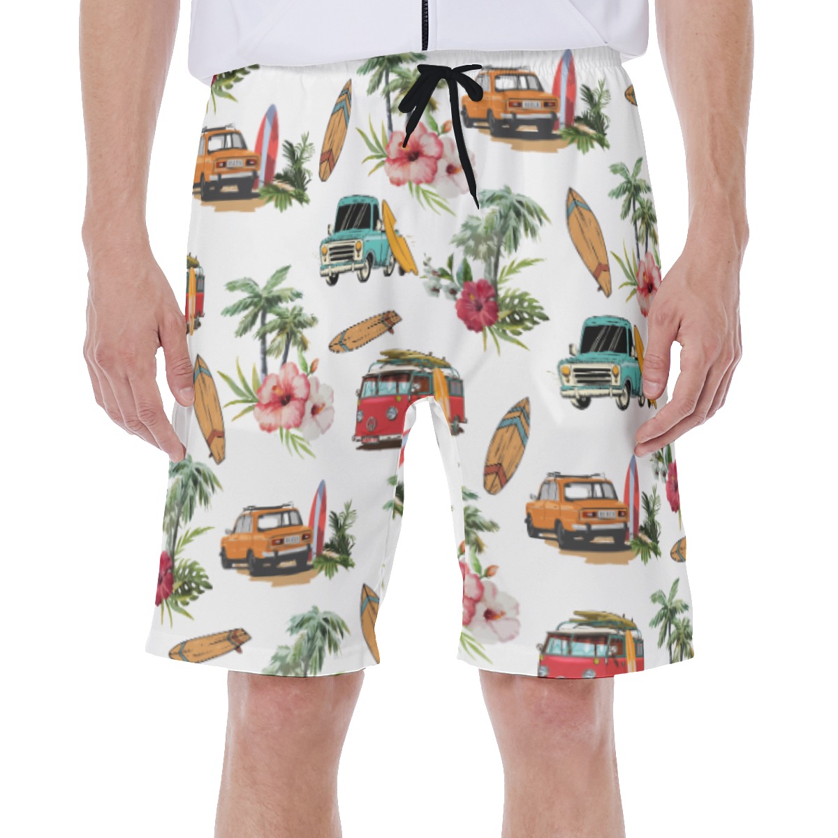 Tropical Surfer Car White Hawaiian Swim Trunks For Men - variant image 1