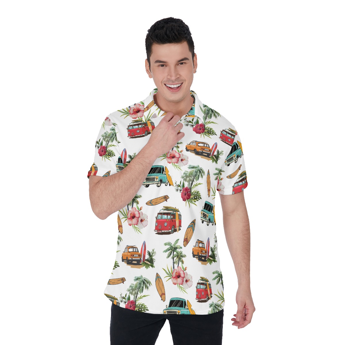 Tropical Palm Trees Cars And Surf Boards Hawaiian Polo Shirt For Men - variant image 1