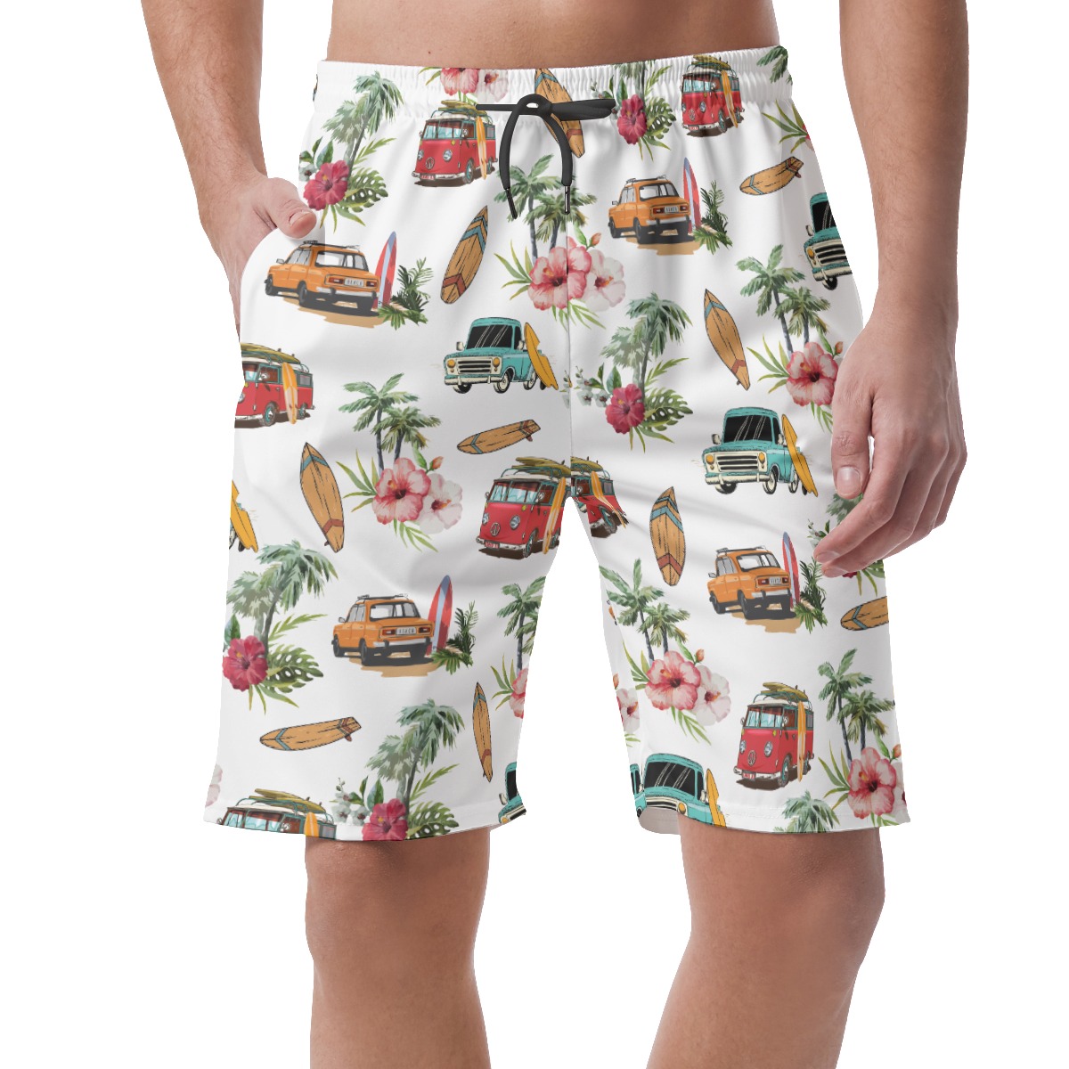 Cute Surf Car Tropical Hibiscus Hawaiian Beach Shorts For Men - variant image 1