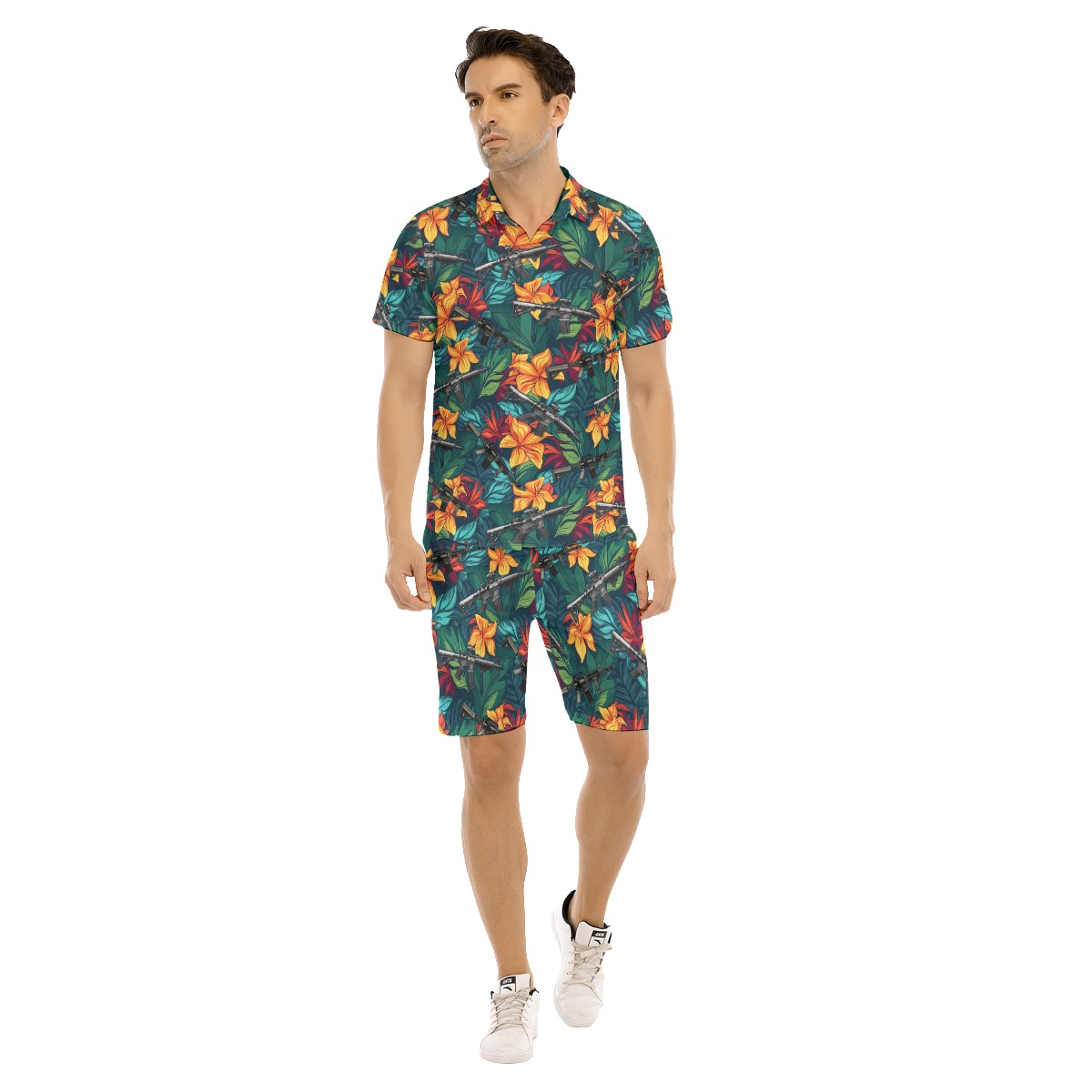 Set Tropical Hibiscus Gun Hawaiian Shirt And Matching Shorts For Men - variant image 1