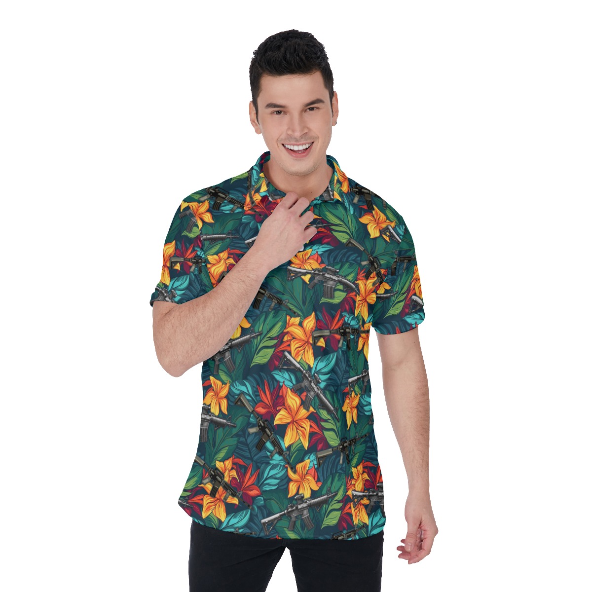 Tropical Hibiscus Gun Hawaiian Golf Polo Shirt - variant image 1