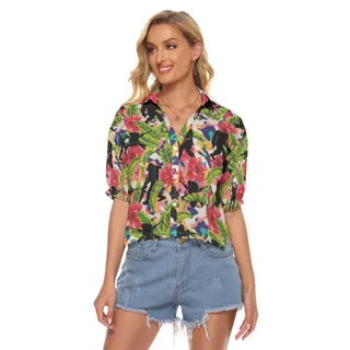 Funny Bigfoot Tactical Colorful Hibiscus Hawaiian Cropped Shirt For Women