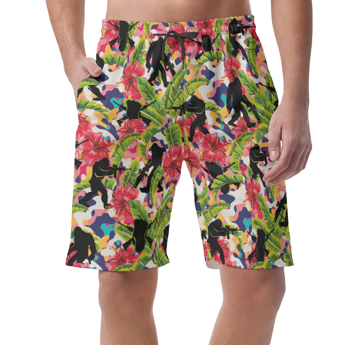 Colorful Bigfoot Tactical Hibiscus Hawaiian Beach Shorts For Men - variant image 1