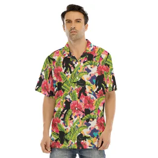 Funny Bigfoot Gun Hibiscus Floral Hawaiian Shirt