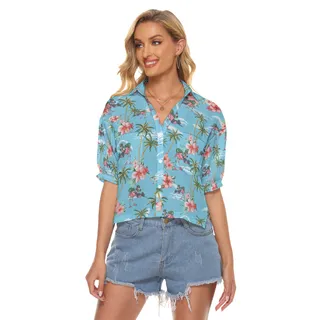 Funny Tactical Flamingo Tropical Palm Trees Hawaiian Crop Top Shirt For Women