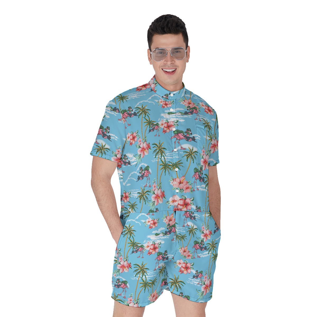 Funny Tactical Flamingo Tropical Hibiscus Hawaiian Romper For Men - variant image 1