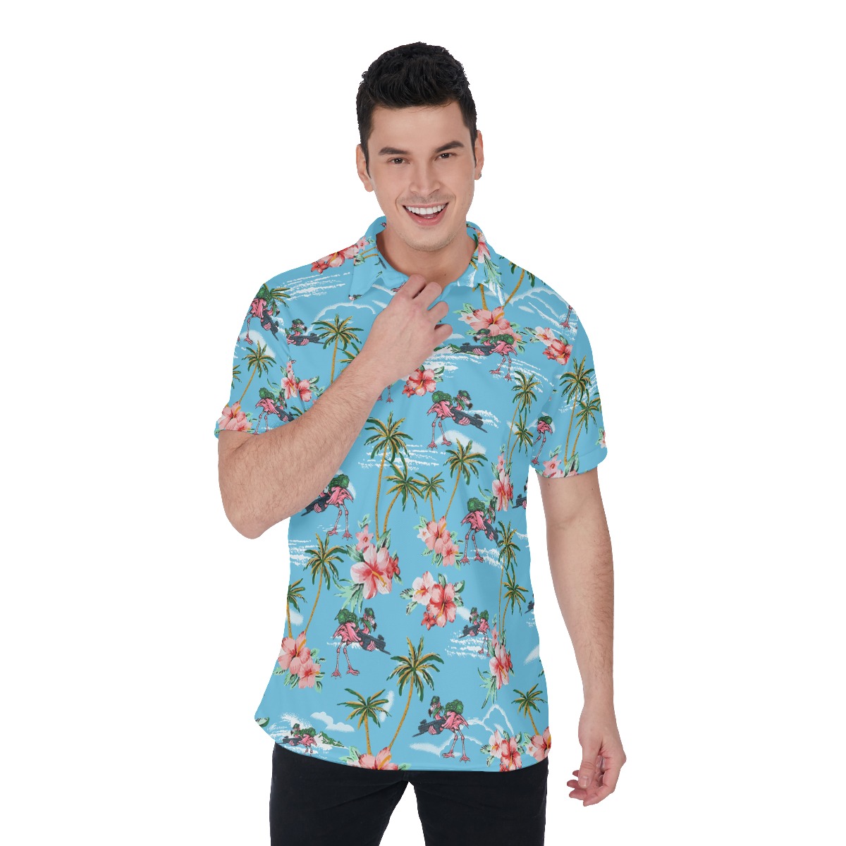 Funny Tactical Flamingo With Gun Tropical Blue Hawaiian Polo Shirt - variant image 1