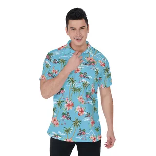Funny Tactical Flamingo With Gun Tropical Blue Hawaiian Polo Shirt