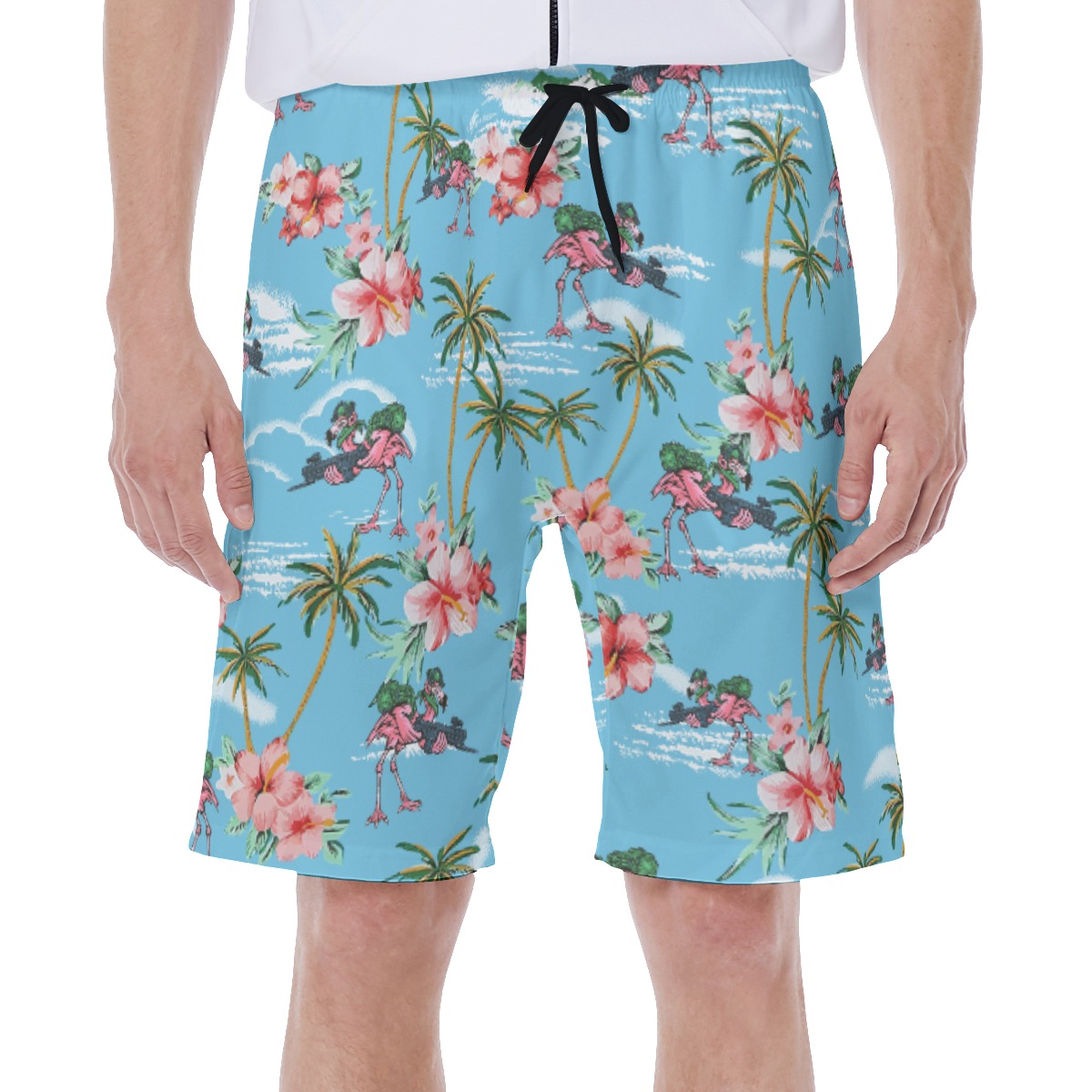 Palm Tree Flamingo With Gun Blue Hawaiian Swim Trunks For Men - variant image 1