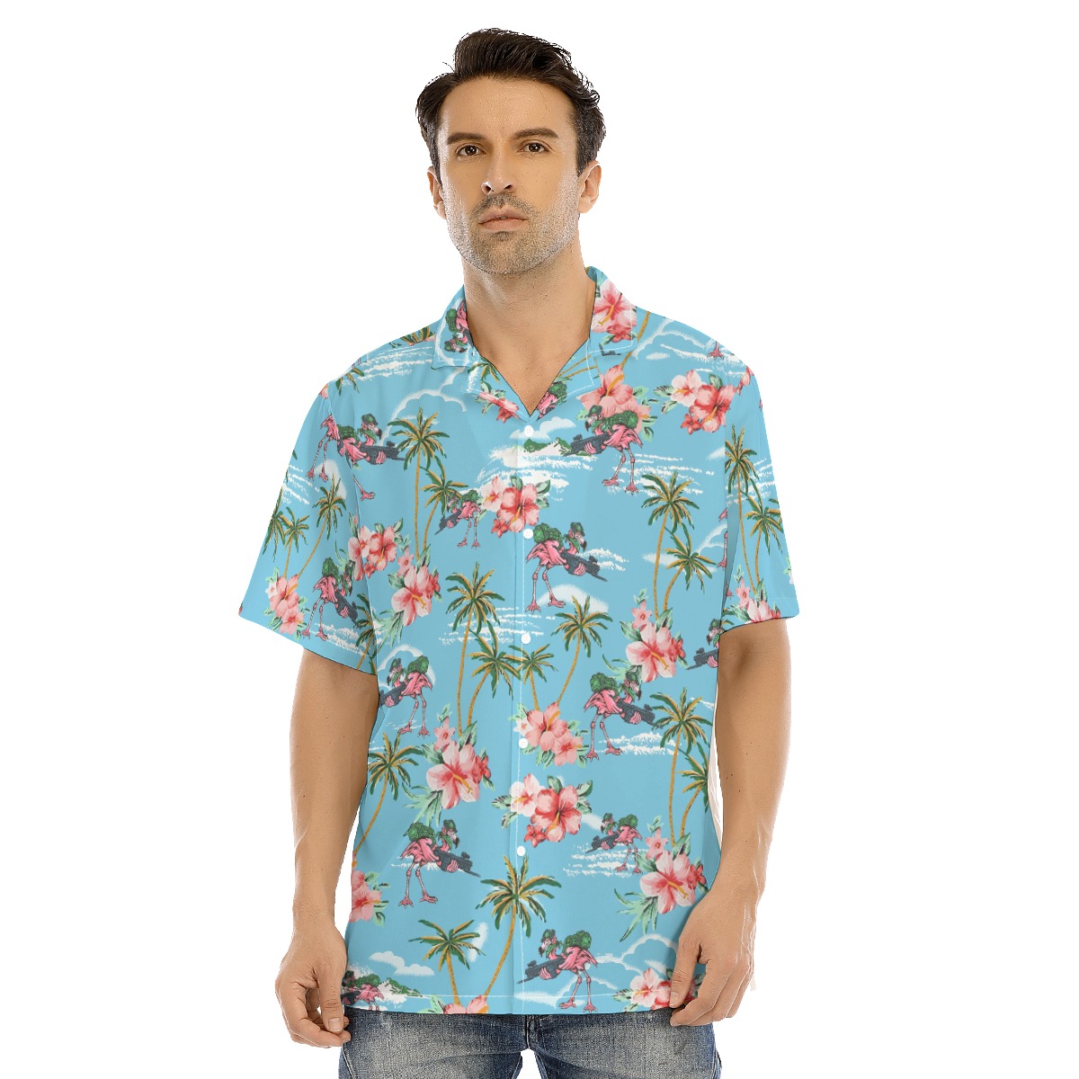 Tactical Flamingo Hawaiian Shirt With Tropical Palm Tree And Hibiscus - variant image 1