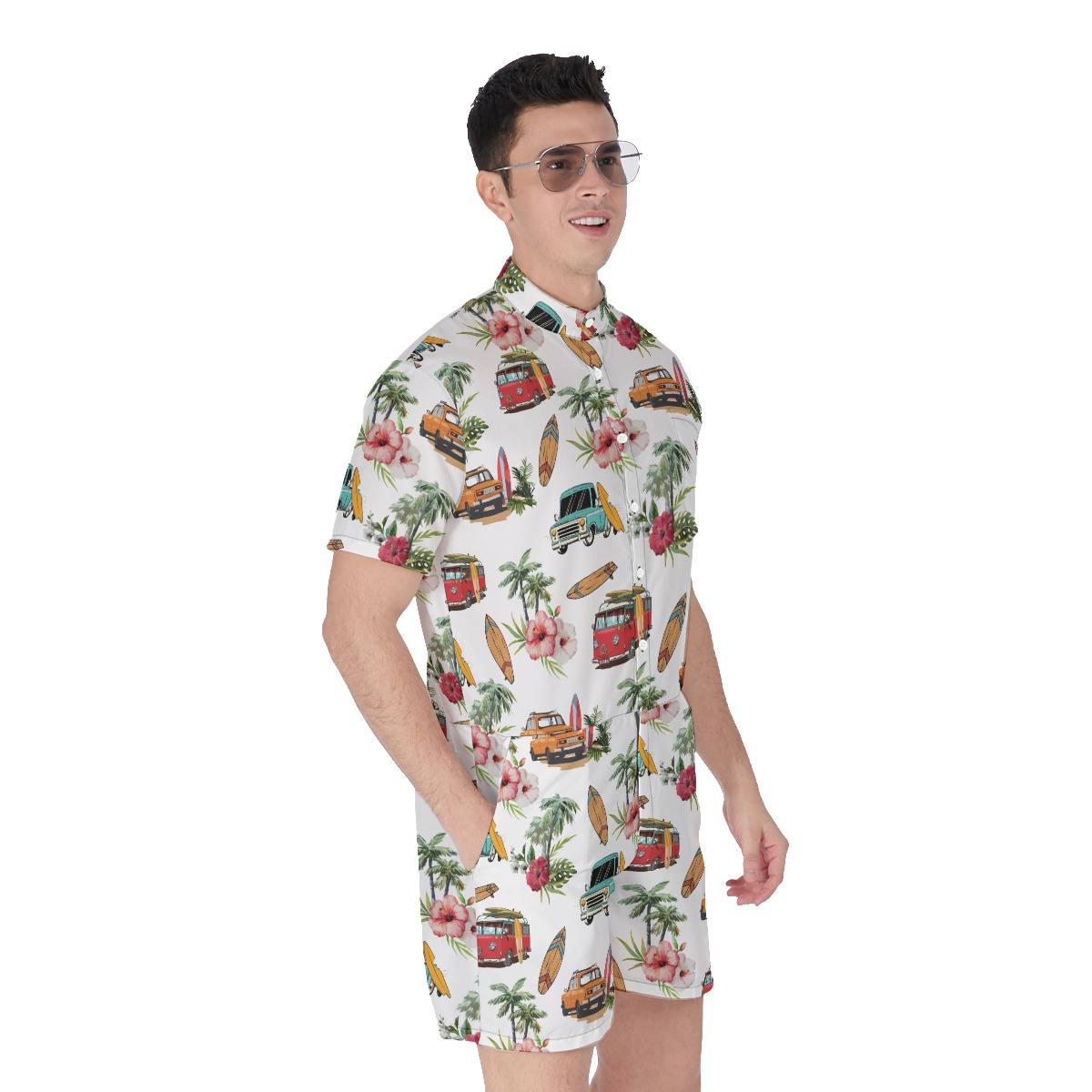 Surfer Car Palm Tree Hibiscus Hawaiian Romper For Men