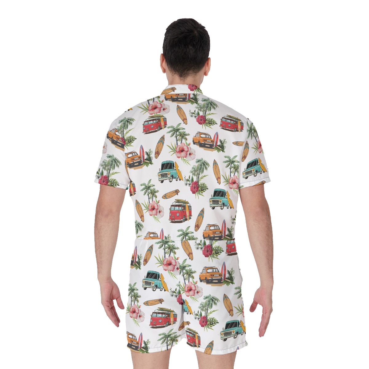 Surfer Car Palm Tree Hibiscus Hawaiian Romper For Men