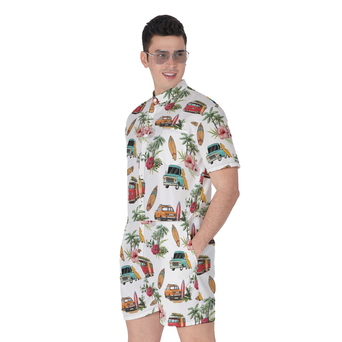 Surfer Car Palm Tree Hibiscus Hawaiian Romper For Men