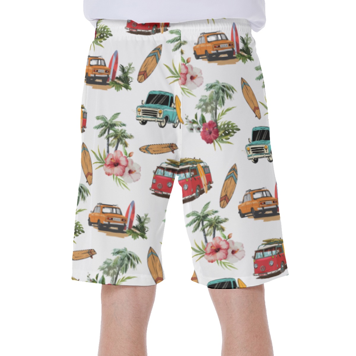 Tropical Surfer Car White Hawaiian Swim Trunks For Men