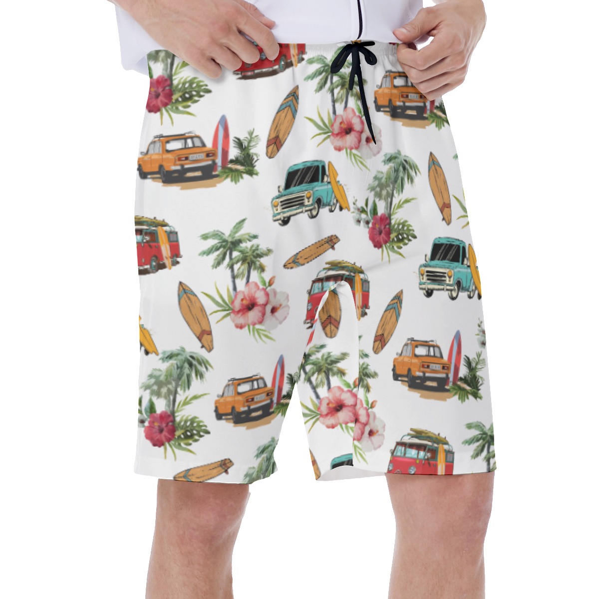 Tropical Surfer Car White Hawaiian Swim Trunks For Men