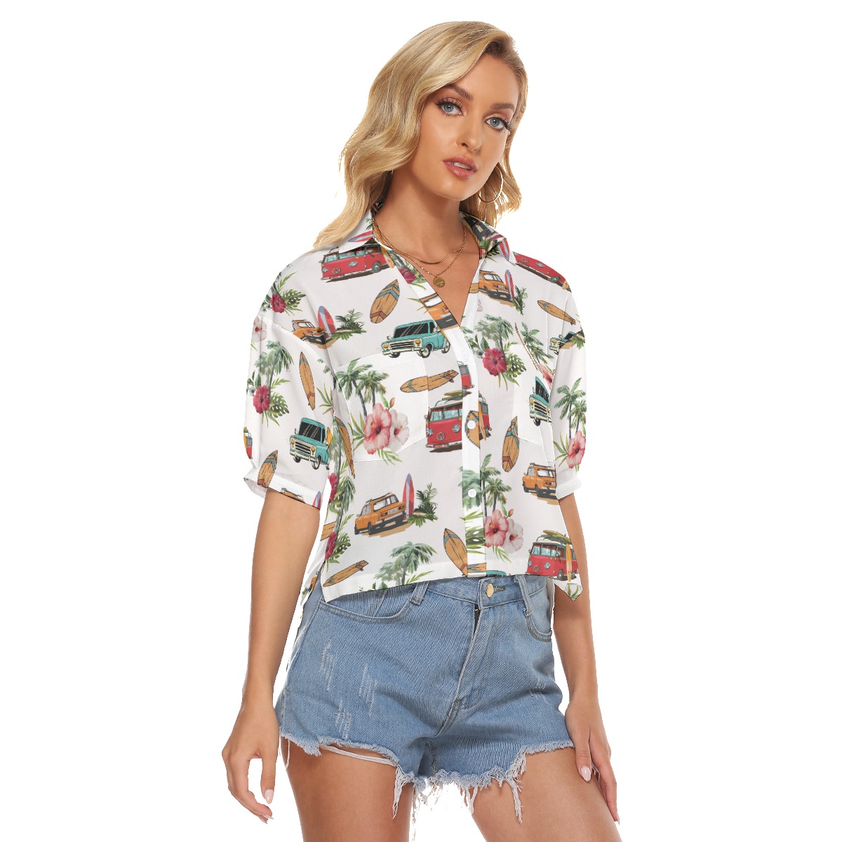 Tropical Surfer Car Hibiscus Hawaiian Cropped Shirt For Women