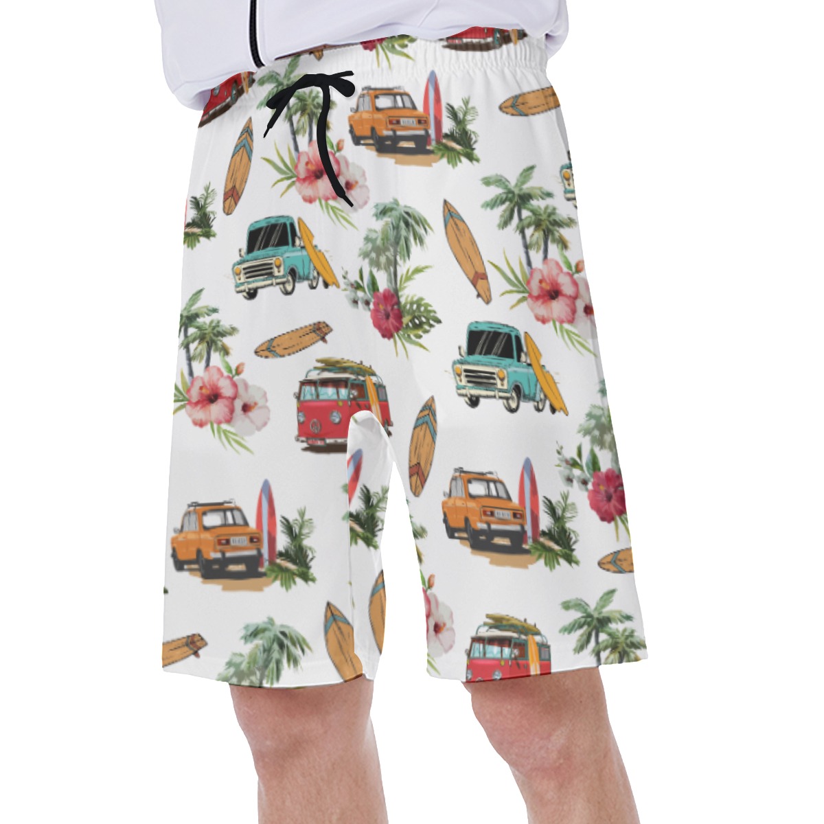 Tropical Surfer Car White Hawaiian Swim Trunks For Men