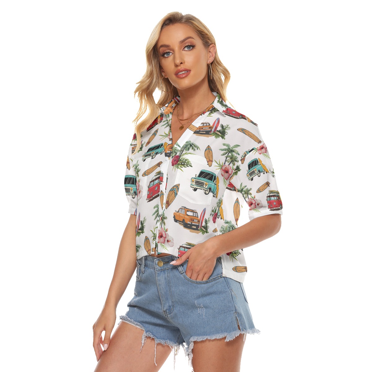 Tropical Surfer Car Hibiscus Hawaiian Cropped Shirt For Women