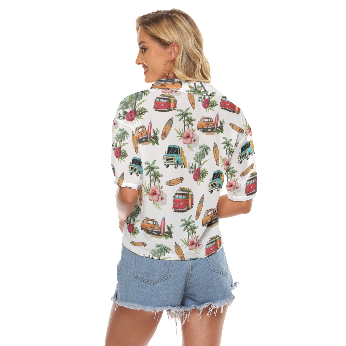 Tropical Surfer Car Hibiscus Hawaiian Cropped Shirt For Women