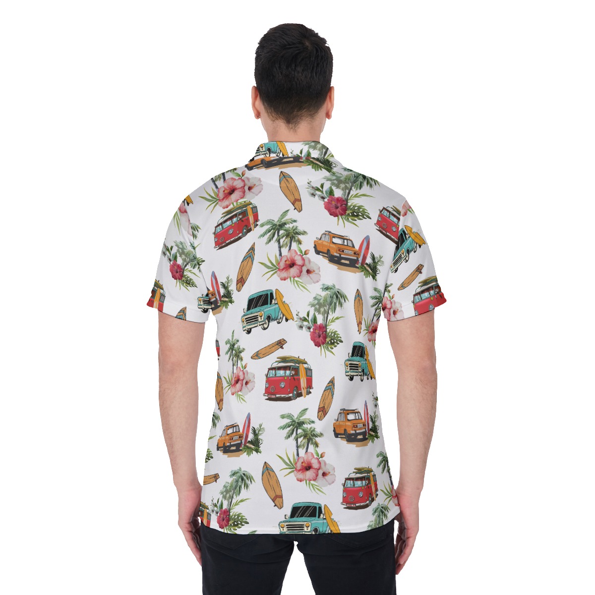 Tropical Palm Trees Cars And Surf Boards Hawaiian Polo Shirt For Men