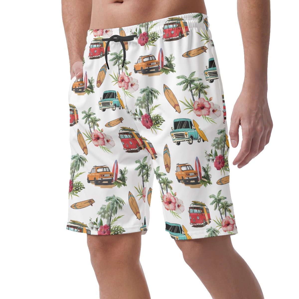 Cute Surf Car Tropical Hibiscus Hawaiian Beach Shorts For Men