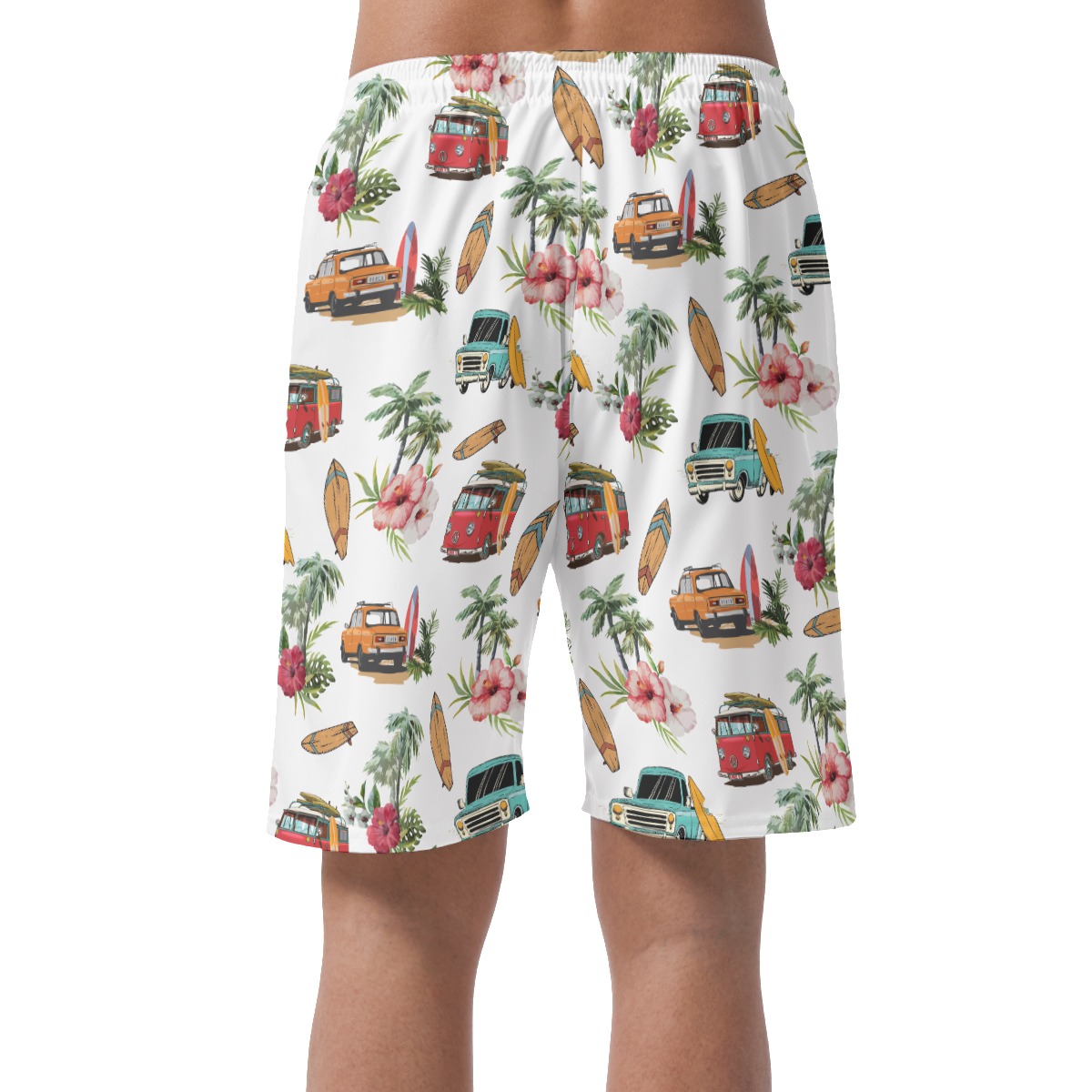 Cute Surf Car Tropical Hibiscus Hawaiian Beach Shorts For Men