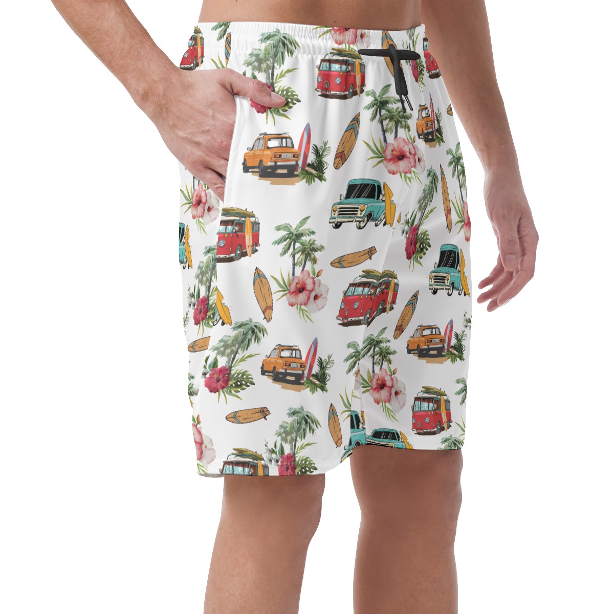 Cute Surf Car Tropical Hibiscus Hawaiian Beach Shorts For Men