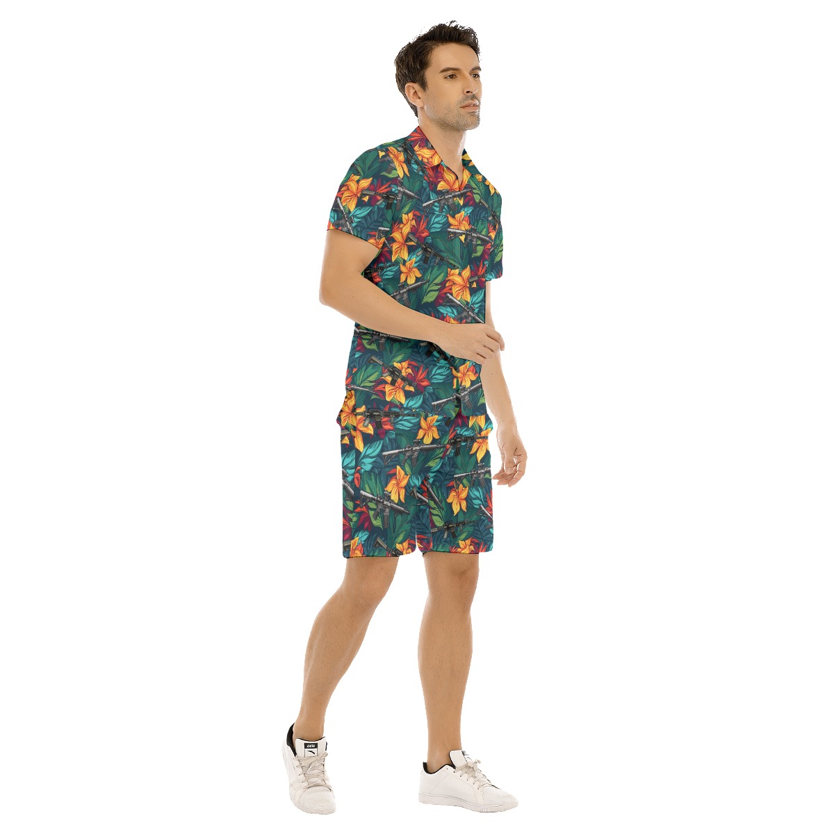 Set Tropical Hibiscus Gun Hawaiian Shirt And Matching Shorts For Men