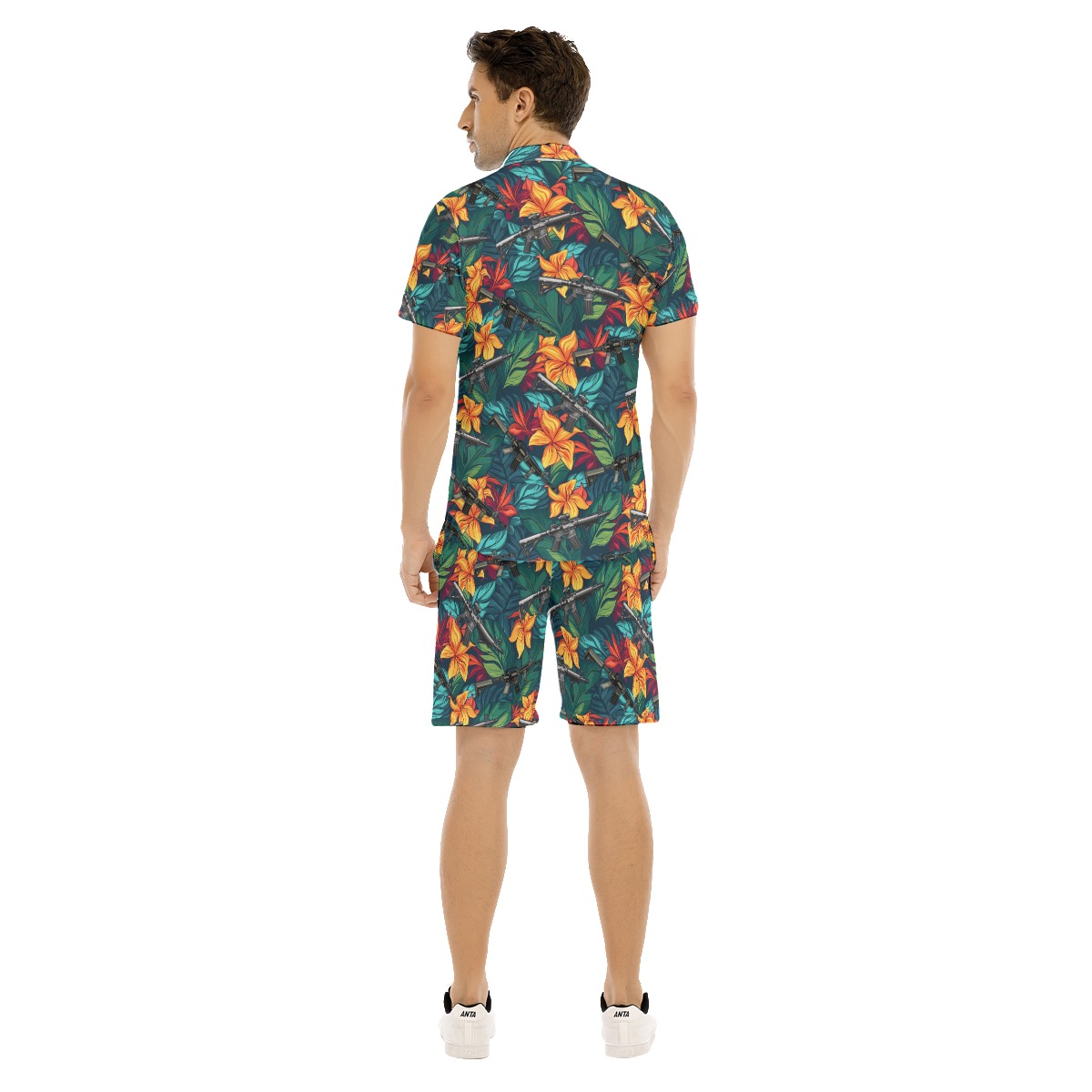 Set Tropical Hibiscus Gun Hawaiian Shirt And Matching Shorts For Men