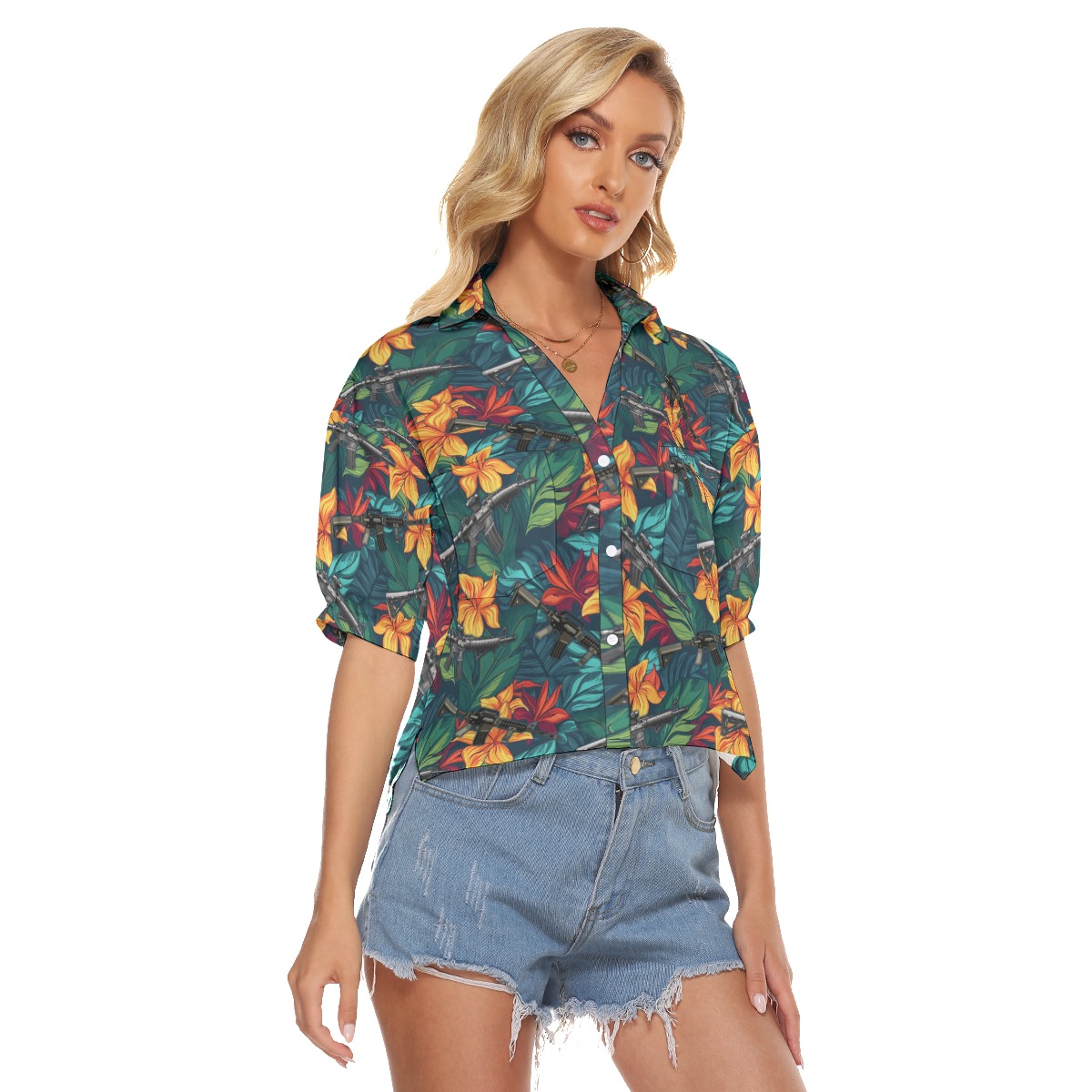Gun Tropical Hibiscus Hawaiian Crop Top Shirt For Women
