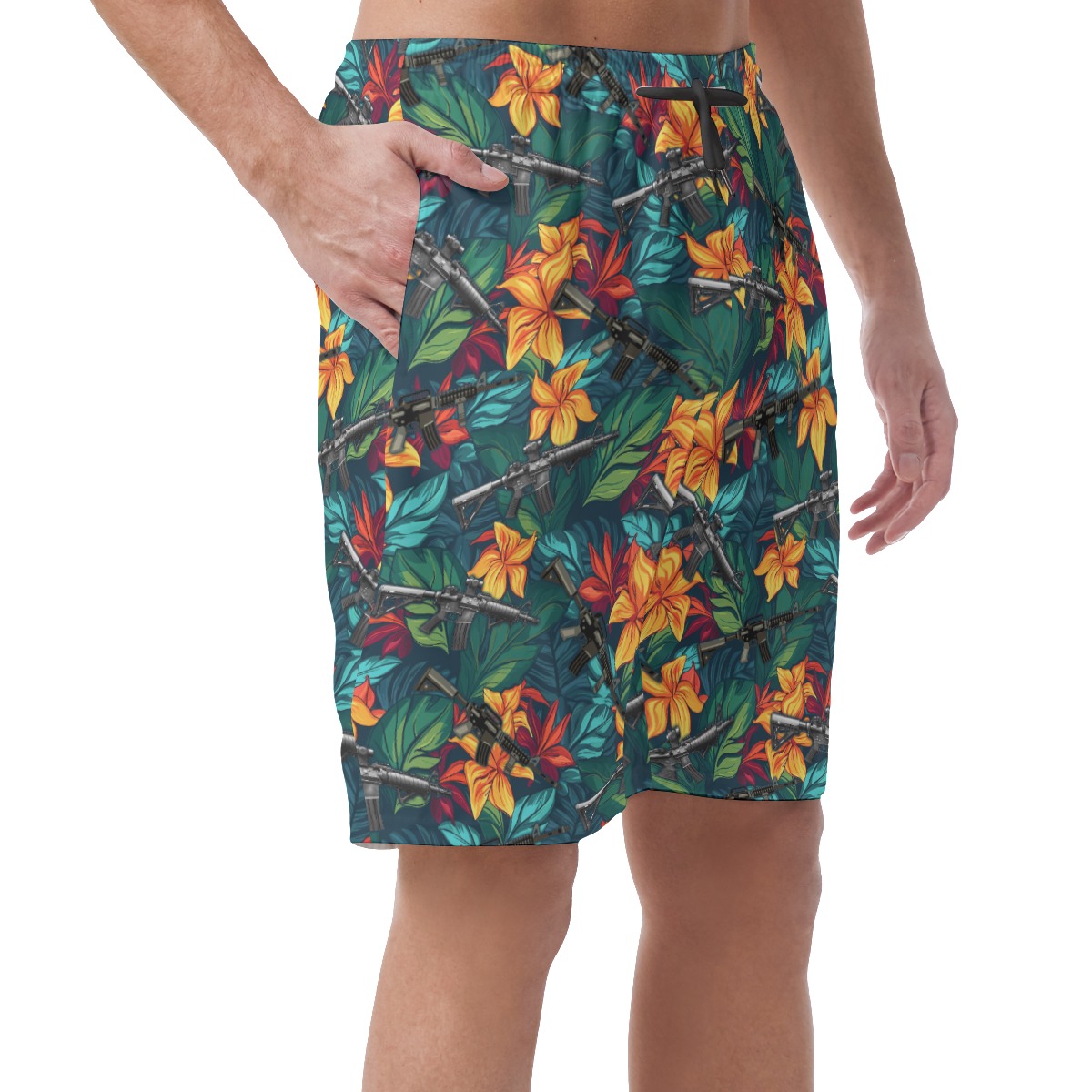 Floral Gun Green Hawaiian Beach Shorts For Men
