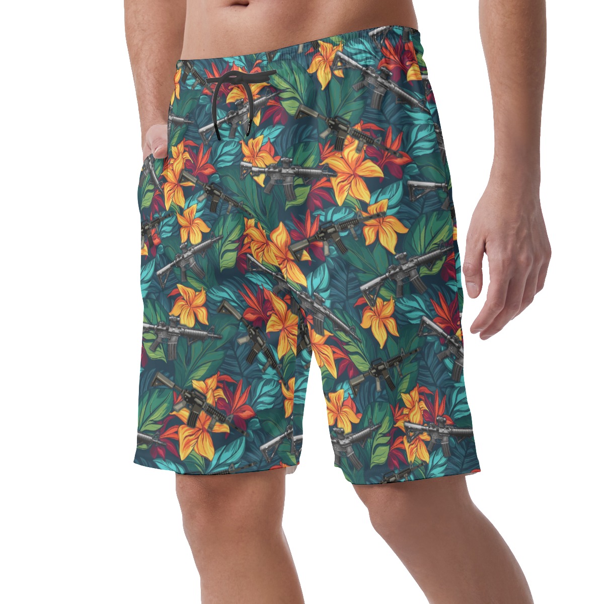 Floral Gun Green Hawaiian Beach Shorts For Men
