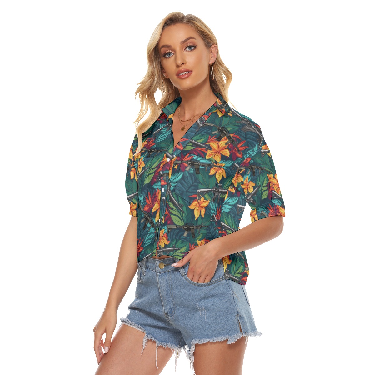 Gun Tropical Hibiscus Hawaiian Crop Top Shirt For Women