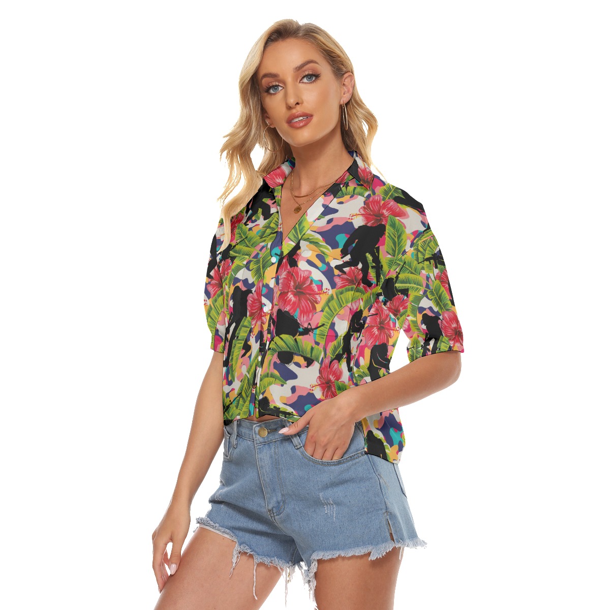 Funny Bigfoot Tactical Colorful Hibiscus Hawaiian Cropped Shirt For Women